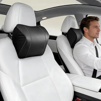 Quintor Genuine Leather Car Neck Pillow,Memory Foam Headrest Cushion, Ergonomic Cervical Support for Tesla Model 3/Y/X, Lexus, BMW- Breathable & All-Season Soft (2 PC)
