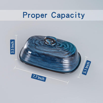 Hasense Butter Dish with Lid, Porcelain Butter Container with Handle for Countertop, Large Butter Keeper & Holder with Cover for West East Coast Butter, Farmhouse Kitchen Decor for Gift, Blue