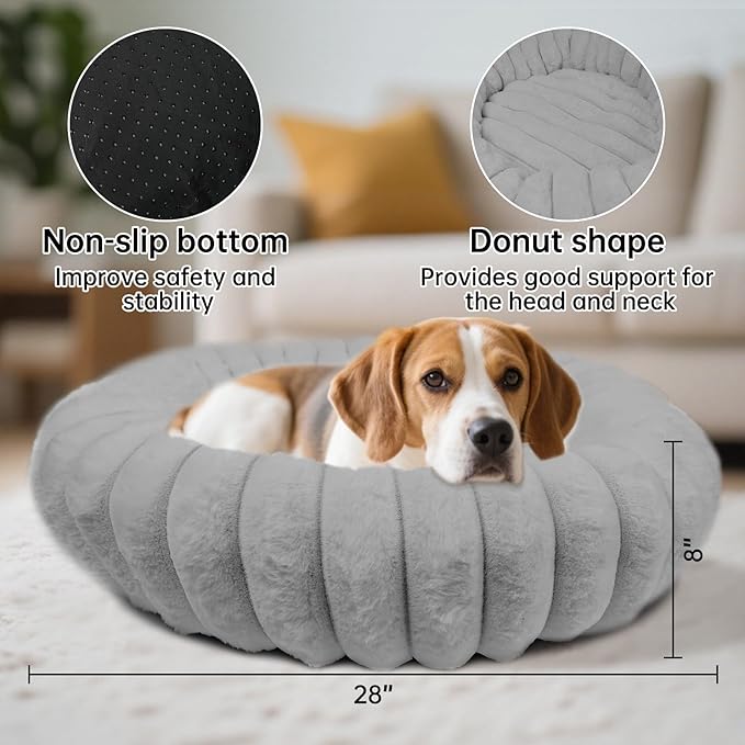 Vhen When Donut Dog and Cat Bed, Luxurious Comfortable Faux Rabbit Fur Pet Beds, Round Anti-Anxiety Calming Puppy Kitten Bed with Anti-Slip Bottom for Small Medium Dogs & Cats(28", Grey)