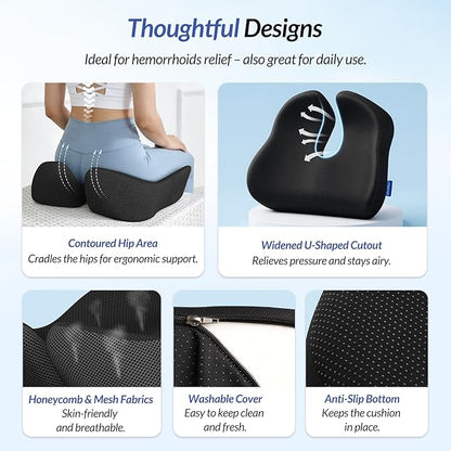 ZIKEE Thickened Seat Cushion, Ergonomic Memory Foam Hemorrhoid Pillow for Hip, Sciatica, Long Sitting Relief, 6.0" Thick Office Chair Cushion with Widened Cutout for Tailbone Pain Relief in Car, Home