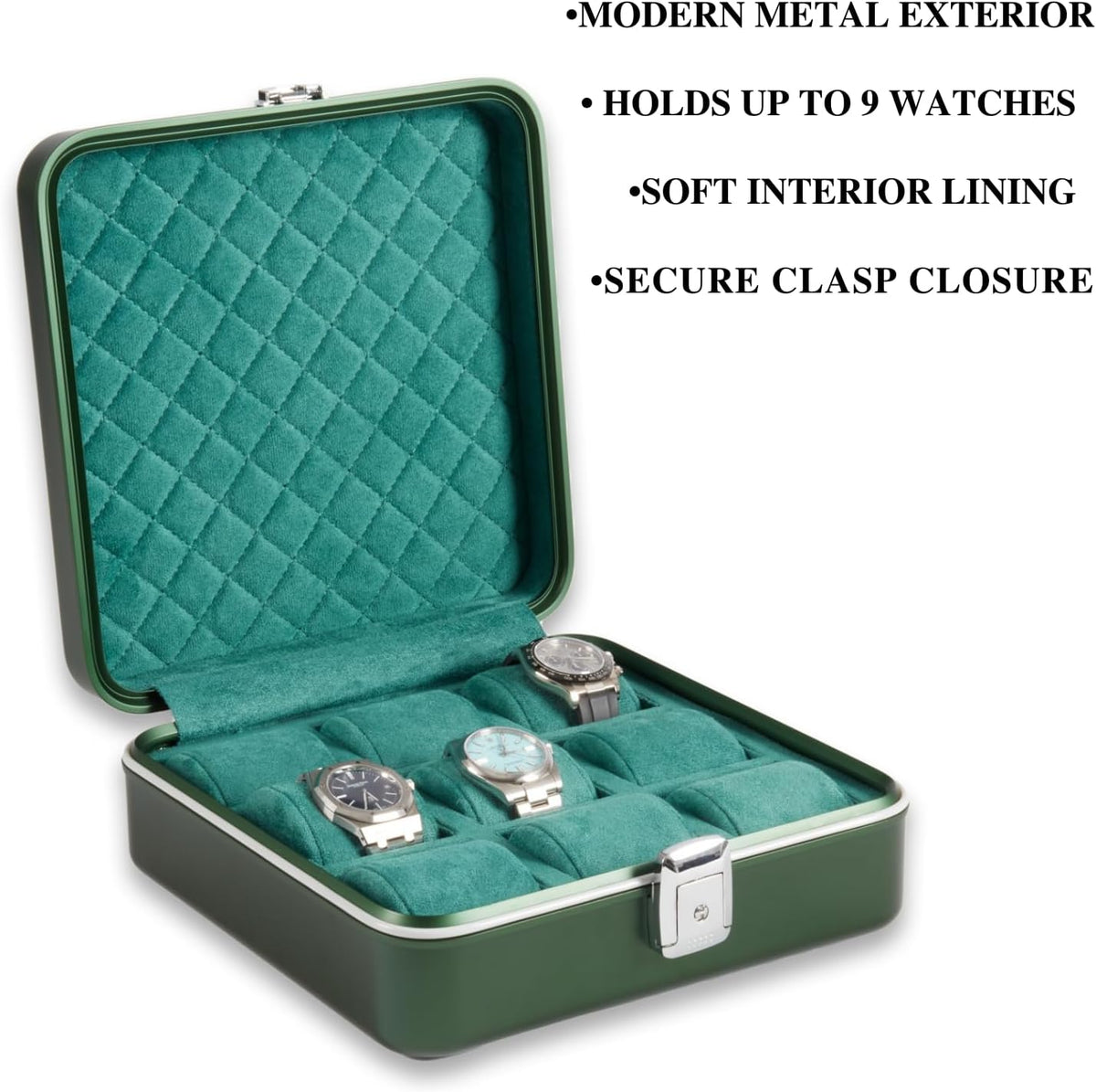 Bey-Berk Personalized Prague Aluminum 9-Slot Watch Case (Hunter Green), Locking Travel Metal Watch Box with Quilted Interior, 9.75" x 3" x 10.25"