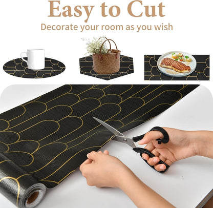 Shelf Liners for Kitchen Cabinets Drawer Liner 12in x 30FT Non Adhesive Black Gold Line Thickened Refrigerator Shelf Liner Paper Strong Easy to Clean for Tool Box with Knife and Tape Measure