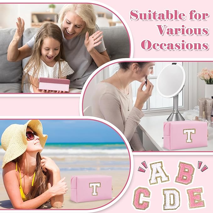 Personalized Initial A-Z Preppy Patch Makeup Bag,Small PU Chenille Letter Cosmetic Bag with Zipper for Teen Girls,Pink Cute Toiletry Organizer Bag,Monogram Makeup Case Gift for Women Girls,Letter T