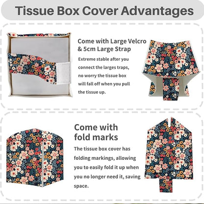 Tissue Box Cover, Tissue Box Holder, Square with Belt Bottom, PU Leather Decorative Organizer for Desk, Table, Countertop Bathroom, Toilet Car, Office, Dresser Bedside, Aesthetic Floral Decor