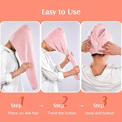 YFONG 2 Pack Microfiber Hair Towel Wrap for Women, Super Absorbent Quick Dry Hair Turban for All Hair Style Anti Frizz, Large Hair Drying Towel with Button
