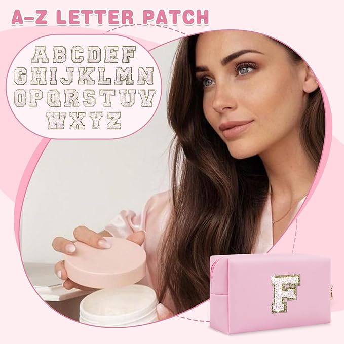 Small Personalized Initial A-Z Patch Makeup Bag,Pink Cute PU Leather Glitter Letter Cosmetic Bag for Teen Girls,Travel Toiletry Bag with Zipper,Preppy Monogrammed Birthday Gift for Daughter Niece F