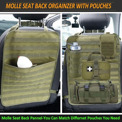 Molle Tactical Seat Back Organizer Panel with Pouches, Universal Fit For Vehicle Car, Khaki