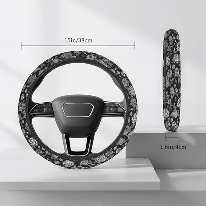 Cute Steering Wheel Cover for Women, Machine Washable Universal 14.5-15.5 inch Non-Slip Grip All Weather Use (Black White Rose)