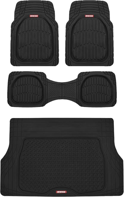 Motor Trend FlexTough 4-Piece Heavy Duty Floor Mats for Cars Trucks SUVs, Automotive Floor Mats Car Mats Full Set Front, Rear & Cargo, Trim-To-Fit Semi-Custom Deep Dish All Weather Rubber Mats - Black