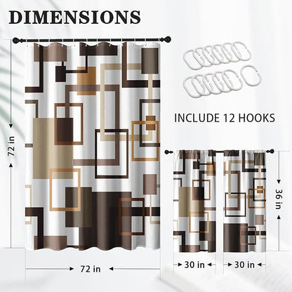 Culudea Geometric Vintage Brown Shower Curtain Set, Abstract Modern Line Bathroom Window Waterproof Shower Curtain Set for Bathroom Decor