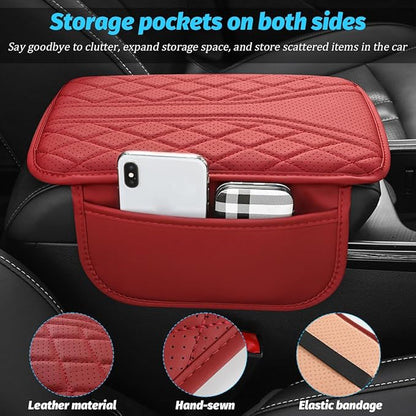 Car Center Console Cover, Leather Vehicle Armrest Box Pad with 2 Storage Bags, Automotive Interior Arm Rest Cushion Protector Accessories, Universal for SUV Sedan Truck (Gray)