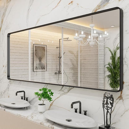 LOAAO 84x32 Inch Black Metal Framed Bathroom Mirror