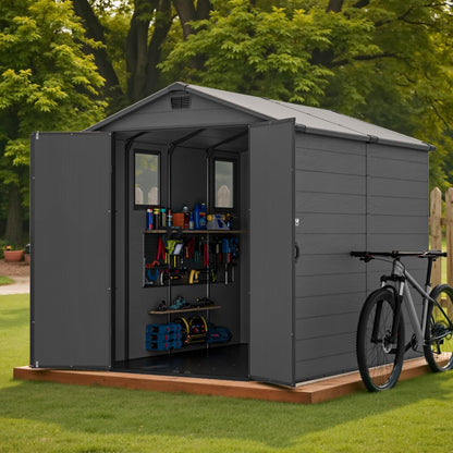 Devoko 6x8 Ft Outdoor Storage Shed - Lockable Resin Tool Shed with Window & Floor - Easy Assembly for Garden, Backyard, Dark Gray