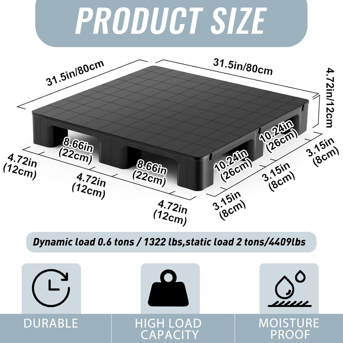1 Pcs Plastic Pallet for Basement Storage Easy Stack Lightweight Floor Pallet Display Flooring Room Supermarket Christmas, Support up to 2000 Lbs (31.5'' L X 31'' W X 4.7'' H,Black)