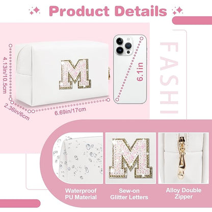 Small Initial Patch Makeup Bag Personalized Gifts Make Up Bag,White Cute PU Leather Glitter Letter Cosmetic Bag with Zipper,Trendy Portable Travel Toiletry Pouch,Preppy Stuff for Teen Girls Women M