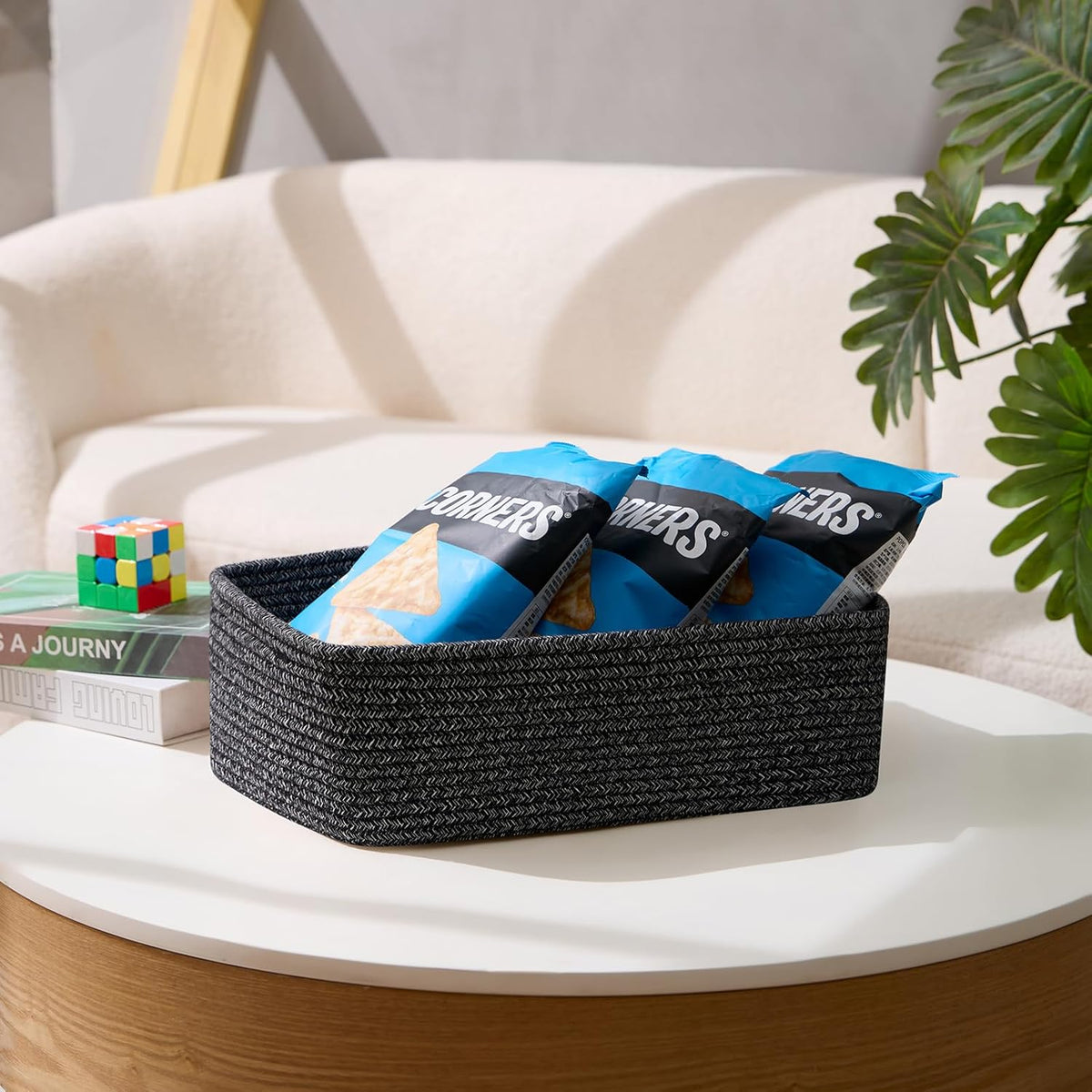 Large Shallow Organizing Baskets 15x11x5.1 Inches - Rope Woven Storage Bins for Bathroom, Shelves, Cube Closet, Mixed Black 2 Packs
