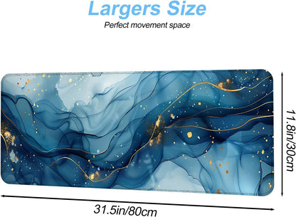Marble Mouse Pad XXL – Large Blue Gold Marble Texture Desk Mat, Extended Non-Slip Mousepad for Office, Home, Workstation, Elegant Aesthetic Decor,31.5 x 11.8 in
