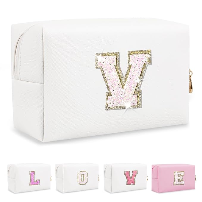 Small Initial Patch Makeup Bag Personalized Gifts Make Up Bag,White Cute PU Leather Glitter Letter Cosmetic Bag with Zipper,Trendy Portable Travel Toiletry Pouch,Preppy Stuff for Teen Girls Women V