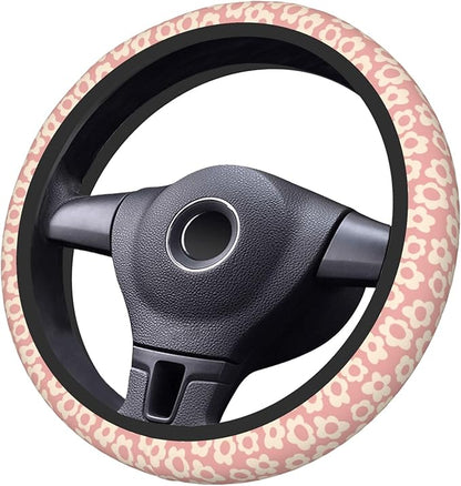 Vintage Pink Flower Steering Wheel Cover Cute Universal 15 Inch Car Accessories Protector for Women Fit Auto SUV Sedan Vans Trucks