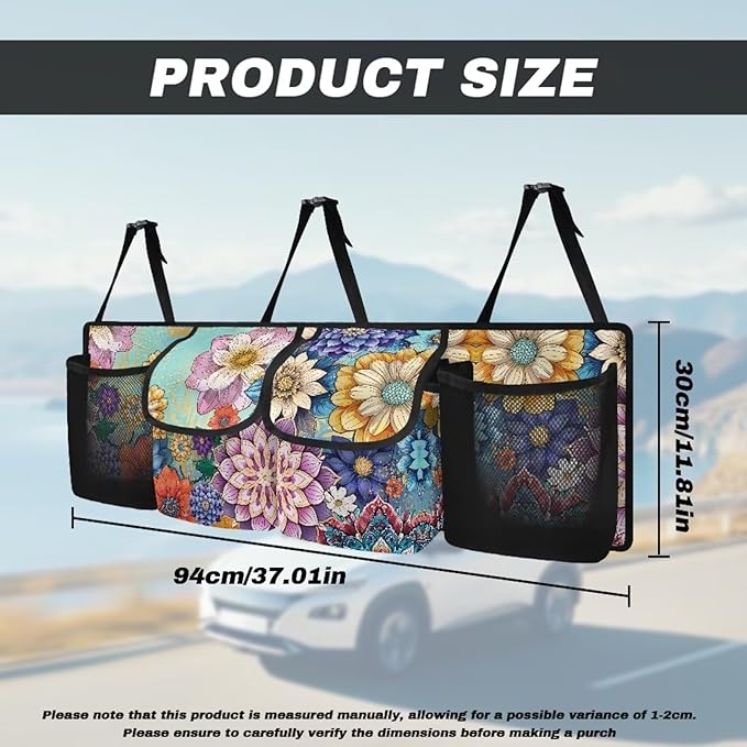 Boho Car Trunk Organizer Oxford Cloth, Mandala Flower Car Storage Organizer (37.01"*11.8") Portable Car Storage Bag with 4 Pocekt, Hanging Car Organizer for SUV/MPV/Truck, Machine Washable