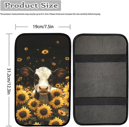 Cow Sunflower Print Armrest Cushion Cover for Car Neoprene Car Center Console Cushion Pad Non Slip Decorative Armrest Seat Box Cover for SUV Truck Sedan
