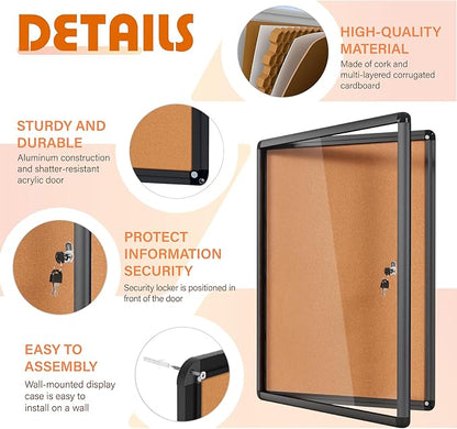 Enclosed Bulletin Board Cork Board 36x24 in, Lockable Wall Display Case