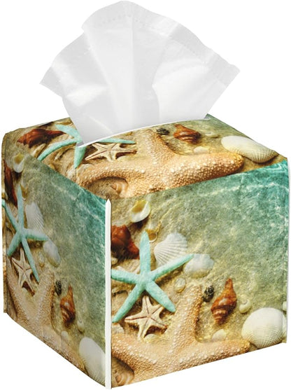 Starfish Seashell on Summer Beach Tissue Box Cover Square, Starfish Seashell Tissue Box Holder Waterproof Leather Facial Paper Organizer Dispenser for Bathroom Home Car Nightstand Vanity Desk
