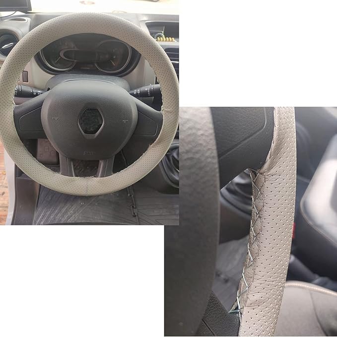 Onerbuy Universal Leather Car Steering Wheel Stitch On Wrap Cover DIY Sewing Breathable and Anti Slip, 15-Inch (Gray)