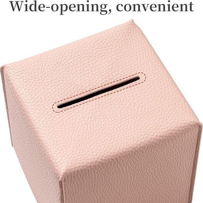 REGELETO Square Tissue Box Cover, Pu Leather Tissue Box Holder with Bottom Belt Modern Stylish Tissue Box Organizer for Bathroom, Bedroom, Hotel, Office Desk 5"X5"X5"-Pink