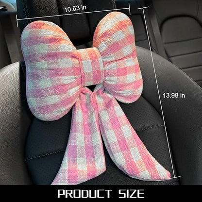 Bow Car Headrest Pillow, Breathable Memory Foam Vehicle Neck Pillow with Adjustable Strap, Ergonomic Auto Neck Support Cushion for Pain Pressure Relief, Universal for Most Cars (Pink/Grid)