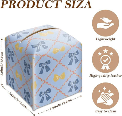 Blue Gingham Bow Tissue Box Cover Square, Vintage Leather Tissue Holder with Bottom Belt, for Nightstands Desks Office Bathroom Car Vanity Home Decor Supplies -007