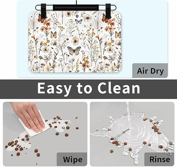 Wildflower Butterfly Dog Food Mat Absorbent Bowl Mats No Stains Quick Dry Waterproof Pet Cat Placemats for Food and Water, 30x45cm