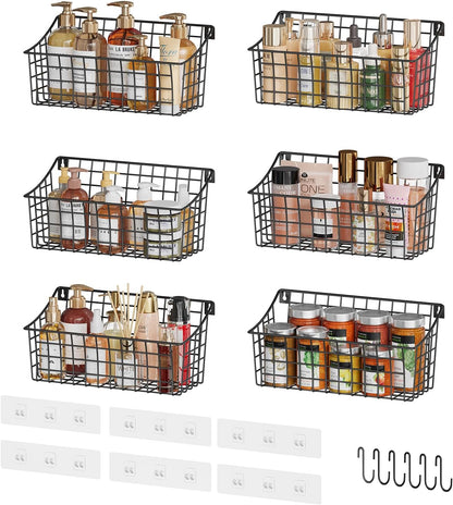 Sonyabecca 6 Pack Hanging Wall Basket for Organizing, EXTRA Large Wire Basket for Pantry with 5 S Hook+6 Adhesive Hook, Wall Mounted Shelf for Kitchen,Bedroom, Bathroom RV,Garage Organization& Storage