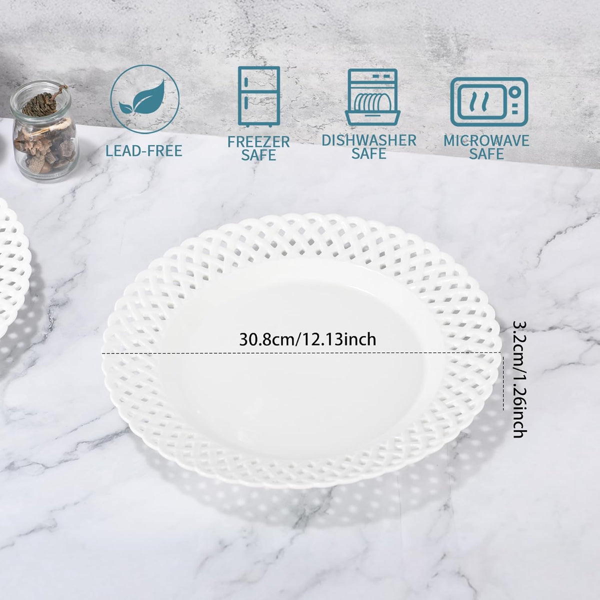 Large White Dinner Plates 12 inch, Ceramic Dinner Plates Set of 4, Basketweave Wide Rim Stackable Hotel Value Round Coupe Shape for Restaurant, Kitchen, Party, Home, Gifts, Microwave Dishwasher Safe