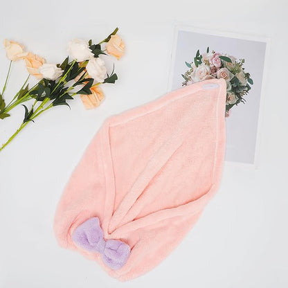 VOCOSTE 2pcs Hair Drying Towels, Triangular Hair Towel Wrap for Women, Absorbent Hair Turban Towel, Bow Hair Drying Cap for Straight Short Hair, Pink