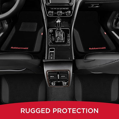 Rubbermaid Car Mats, Carpeted Floor Car Mat with Faux Leather & Built-in Heel Pad, Two-Tone Car Rug Floor Mats, Stylish Carpeted Floor Mats for Cars, Trucks & SUVs Black Color