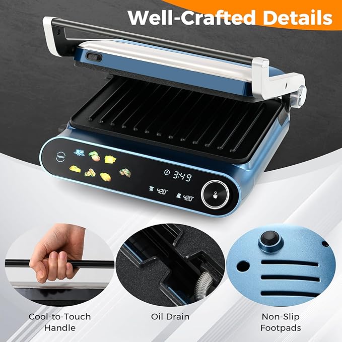 7-In-1 Sandwich Maker with LED Touch Panel & No-Stick Plates, Electric Panini