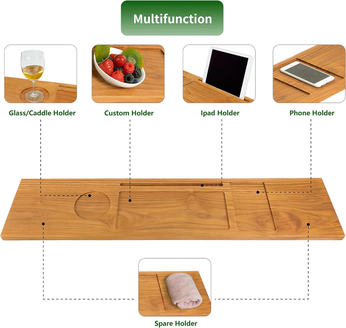 VaeFae Teak Bathtub Tray Table, Wooden Bath Board for Tub with Wine and iPad Holder