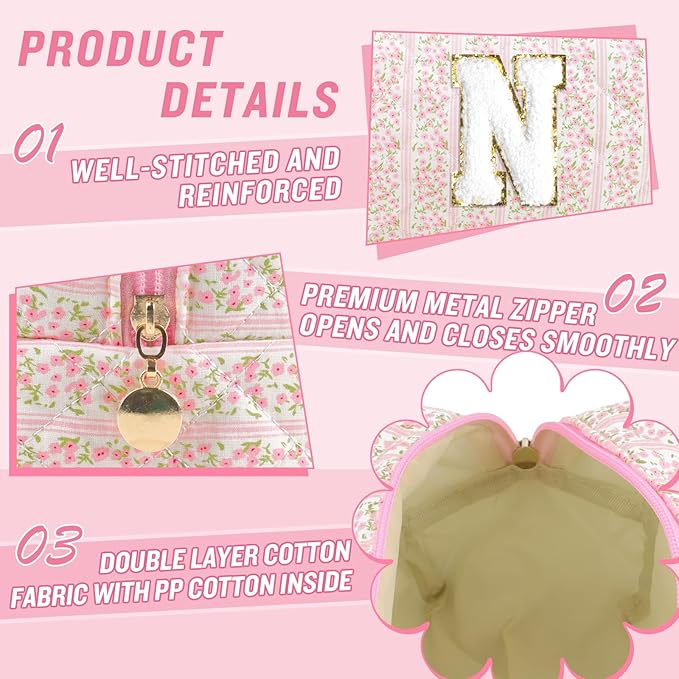 Personalized Quilted Cosmetic Bag, Puffy Monogrammed Christmas Birthday Gifts for Women & Girls, Cute initial Floral Makeup Bag Puffer Coquette Bag, Aesthetic Travel Toiletry Zipper Pouch(Pink,N)