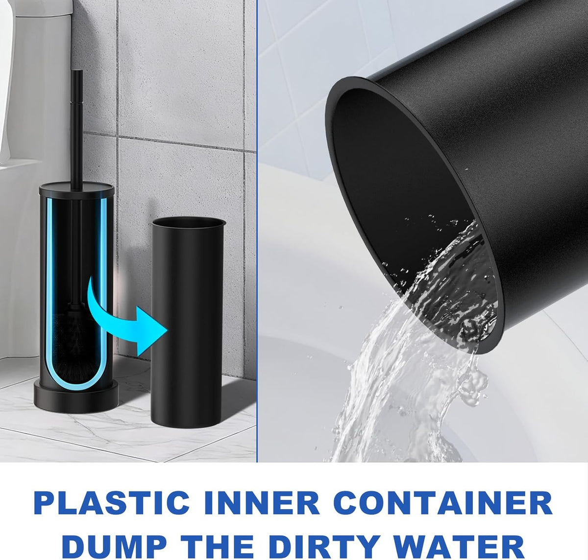 Black Toilet Brush and Holder Set, 304 Stainless Steel Heavy Duty Toilet Bowl Brush and Holder with Long Handle, Removable Inner Bowl and Splash Protection Modern Toilet Cleaner Brush for Bathroom