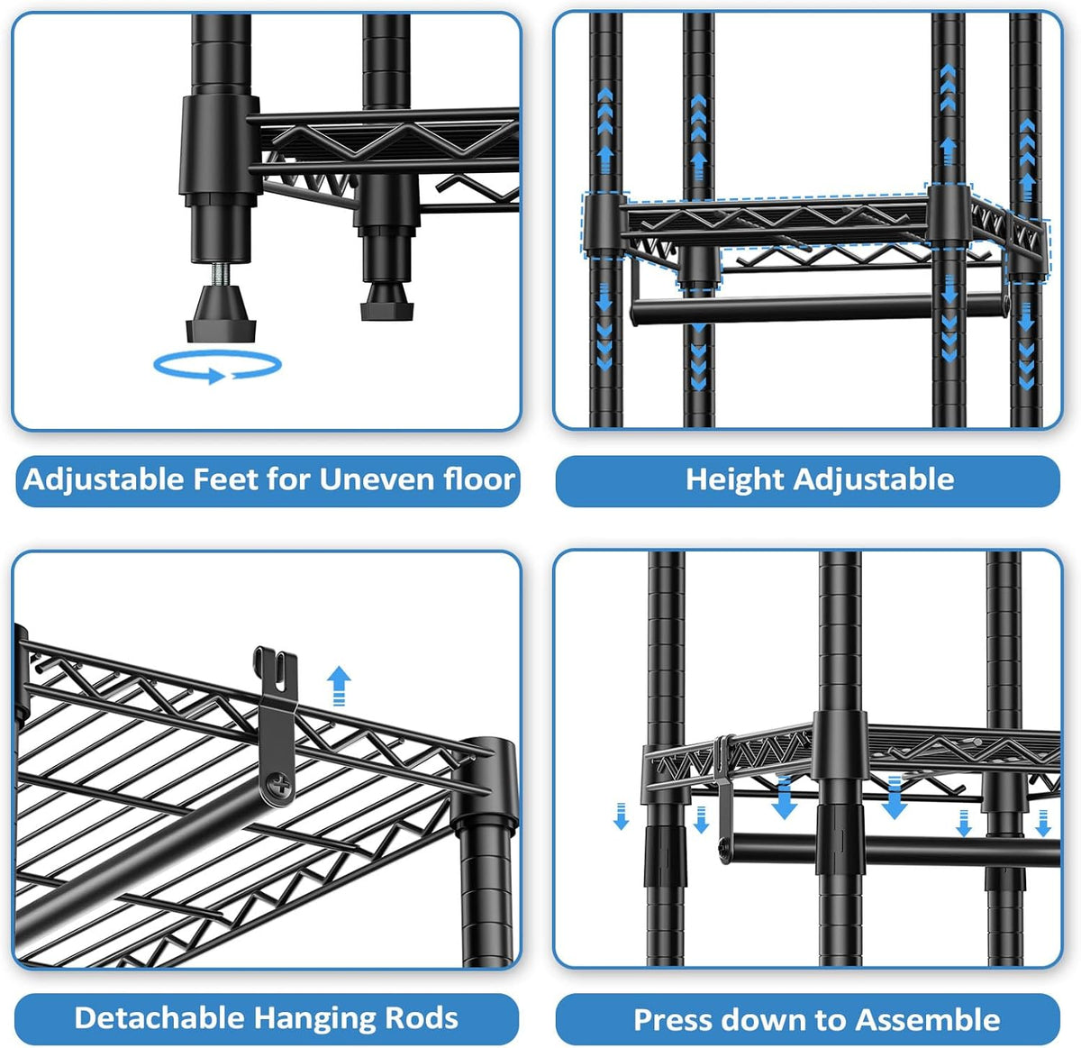 IZEUK 2 Combination Heavy Duty Garment Rack Wire Clothes Rack for Hanging Clothes, Metal Freestanding Closet Wardrobe Rack with 3 Rods Black 15.7" D x 43.3" W x 76.5" H
