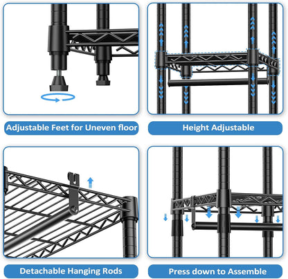 IZEUK 2 Combination Heavy Duty Garment Rack Wire Clothes Rack for Hanging Clothes, Metal Freestanding Closet Wardrobe Rack with 3 Rods Black 15.7" D x 43.3" W x 76.5" H