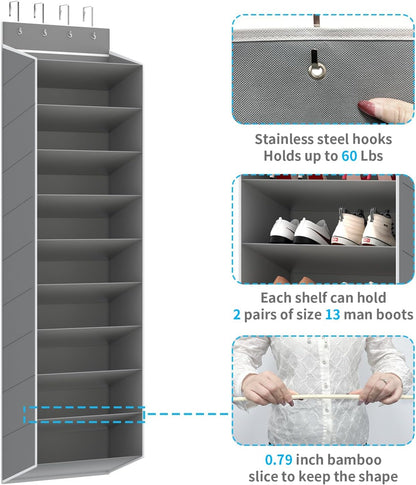 REGELETO 10 Tiers Large Size Over Door Shoe Organizer Storage, Hanging Shoe Rack for Door with Deep Pockets, Fit 20-30 Pairs Shoe Organizer Holder for Sneakers and Boots (Grey)
