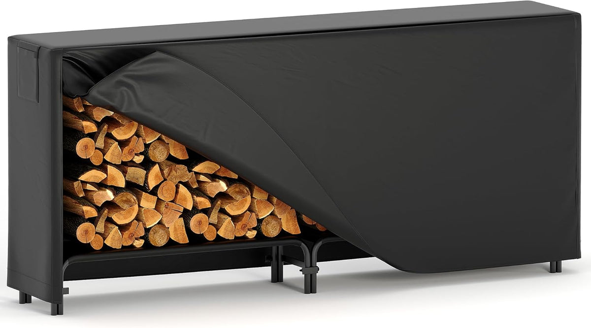8FT Firewood Rack with Cover, Holders Firewood Outdoor Log Rack with Zipper, 8FT Heavy Duty Indoor Firewoods Storage Log Racks, Black Waterproof Oxford Fabric