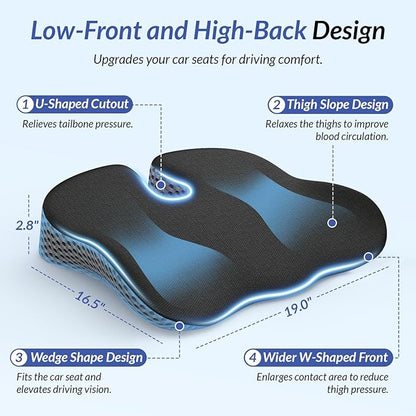 ZIKEE Ergonomic Wedge Car Seat Cushion with U-Shaped Design for Tailbone, Back & Sciatica Pain Relief, High-Density Memory Foam Seat Cushion for Car, Raised Back for Wider Vision, Anti-Slip Bottom