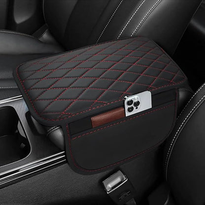 Car Armrest Cushion for Isuzu D-MAX MU-X 2015-2025, Center Console Covers Pad Leather Accessories, Arm Rest Protector Mat with Side Storage Bag for SUV/Sedan/Truck, B/Black-Red