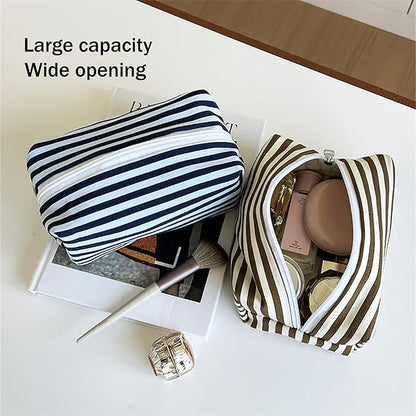 STARDW Striped Cotton Makeup Bag, Cute Cosmetic Pouch with Canvas Lining & Zipper, Travel Toiletry Bag
