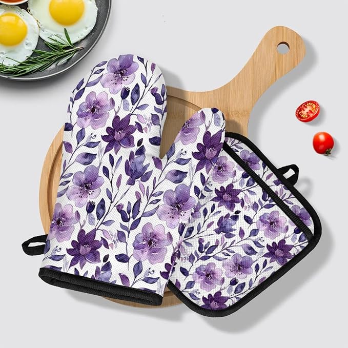 Flower Oven Mitts and Pot Holders Sets, 2 Pcs Purple Floral Decorative Kitchen Oven Glove for Cooking