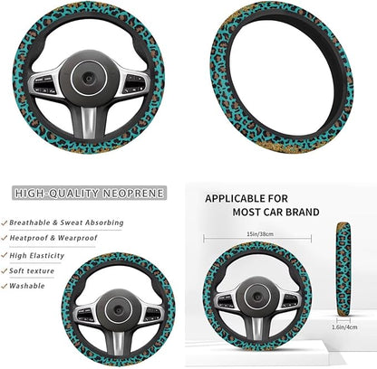 Sunflower Print Car Steering Wheel Cover Set for Men Women Leopard Print Auto Accessories 6 Pcs Sets Car Armrest Cover Handbrake Cover Suit for Most Cars Truck Vans SUV