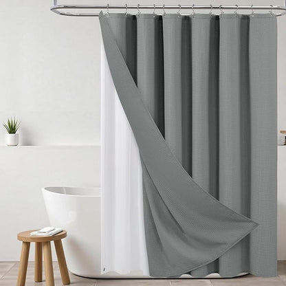 ROLIZOE 3-in-1 Waffle Texture Shower Curtain Set with TPU-Coated Waterproof Liner and 12 Upgraded Double-Sided Hooks, Well-Matched Sizes for a Seamless Fit – Gray, 72" x 78"